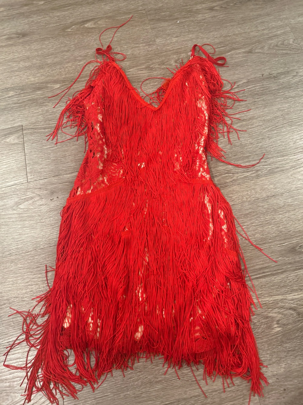 Red Fringe Lace Slip Dress